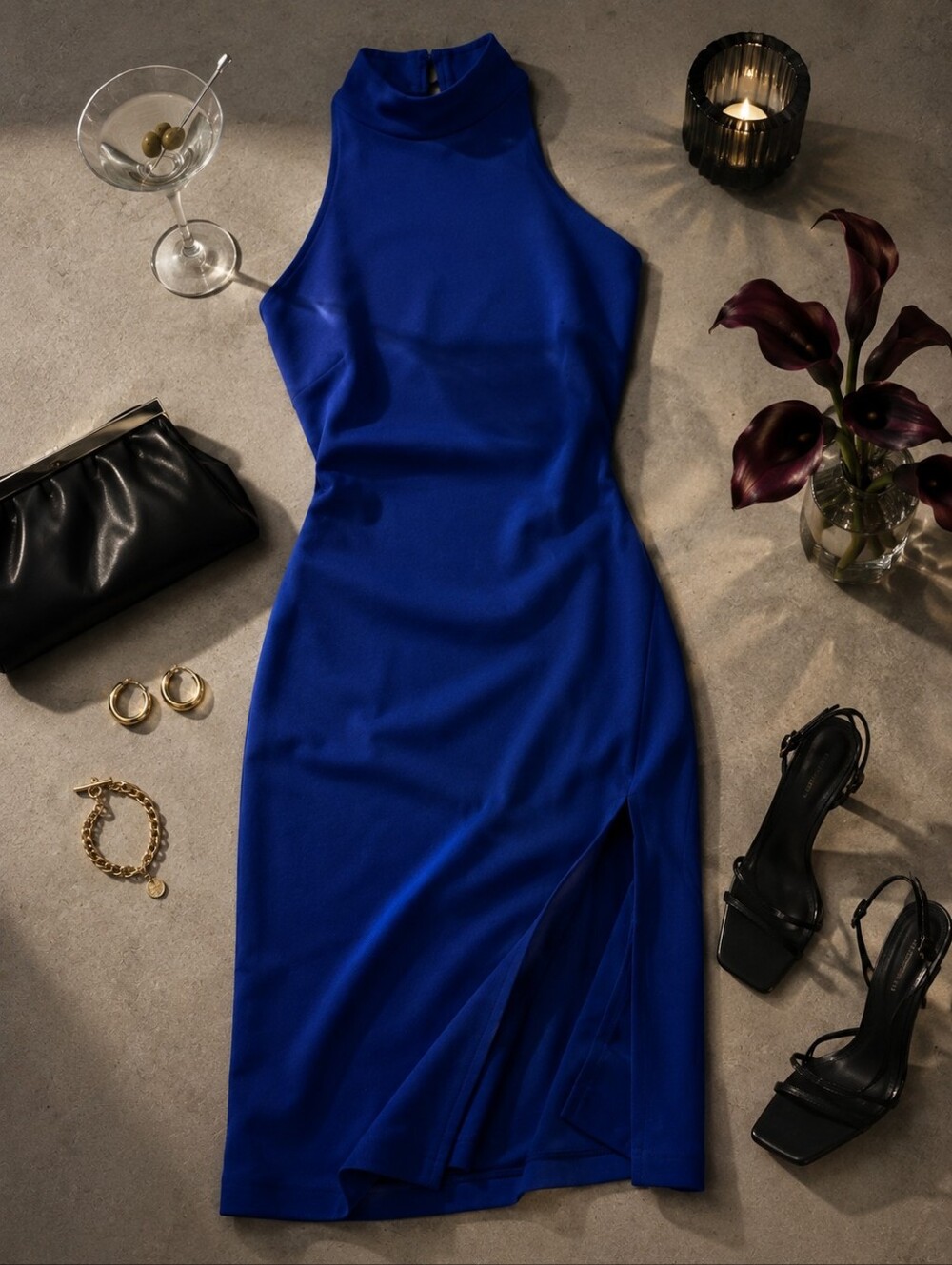Cobalt Blue Halter Midi Dress High Neck Slit Bodycon Size M